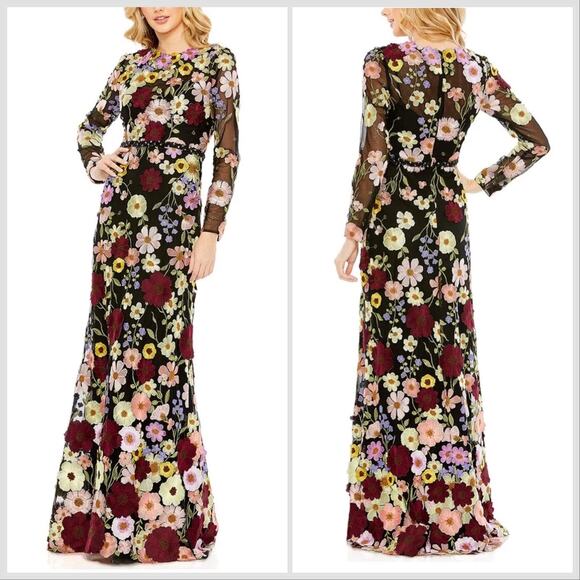 Mac Duggal Black Long Sleeve Floral Embroidered Gown
